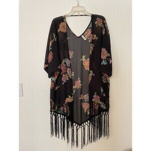 Xhilaration Kimono Velvet Burn Out Size XS/S Dark Floral Fringe Boho Gypsy Fairy